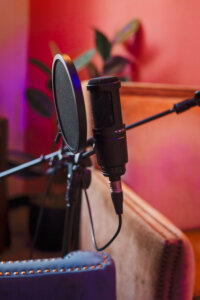 Podcast microphone set up for podcast studio rental in Downtown Phoenix.
